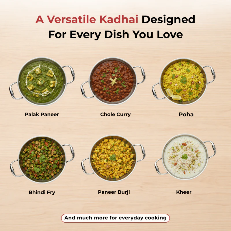 Vinod Doniv Titanium Triply Stainless Steel Kadhai with Steel Lid