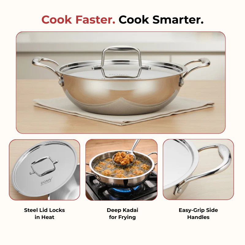 Vinod Doniv Titanium Triply Stainless Steel Kadhai with Steel Lid