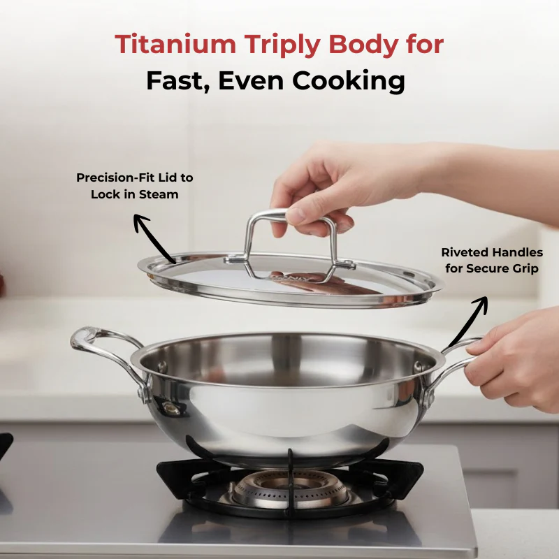 Vinod Doniv Titanium Triply Stainless Steel Kadhai with Steel Lid