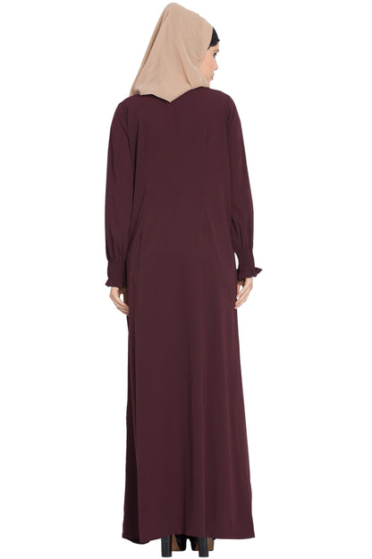 Bashariya Loose From Chest Arabian Abaya With Gather and Smocky Sleeves - Wine
