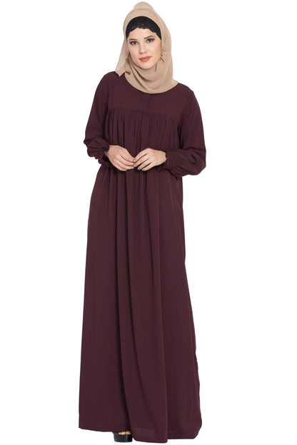 Bashariya Loose From Chest Arabian Abaya With Gather and Smocky Sleeves - Wine