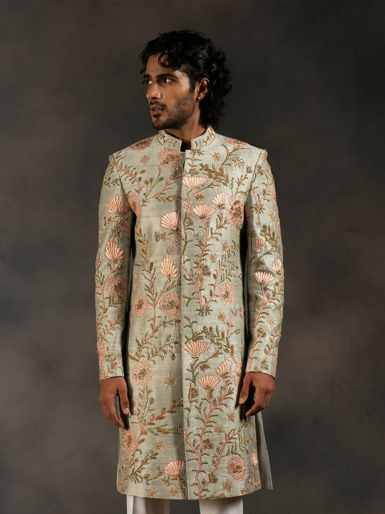 Pastel Green Hand Embroidered Indowestern Sherwani by Hilo Design