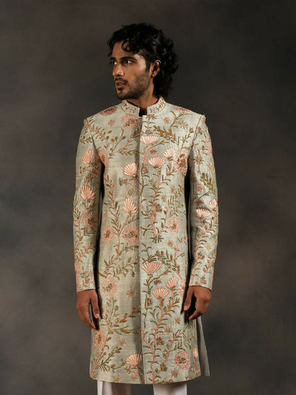 Pastel Green Hand Embroidered Indowestern Sherwani by Hilo Design
