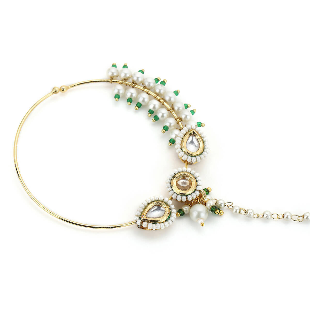 Gold-Polished White Kundan Studded Pearl Beaded Nose Pin - Ruby Raang