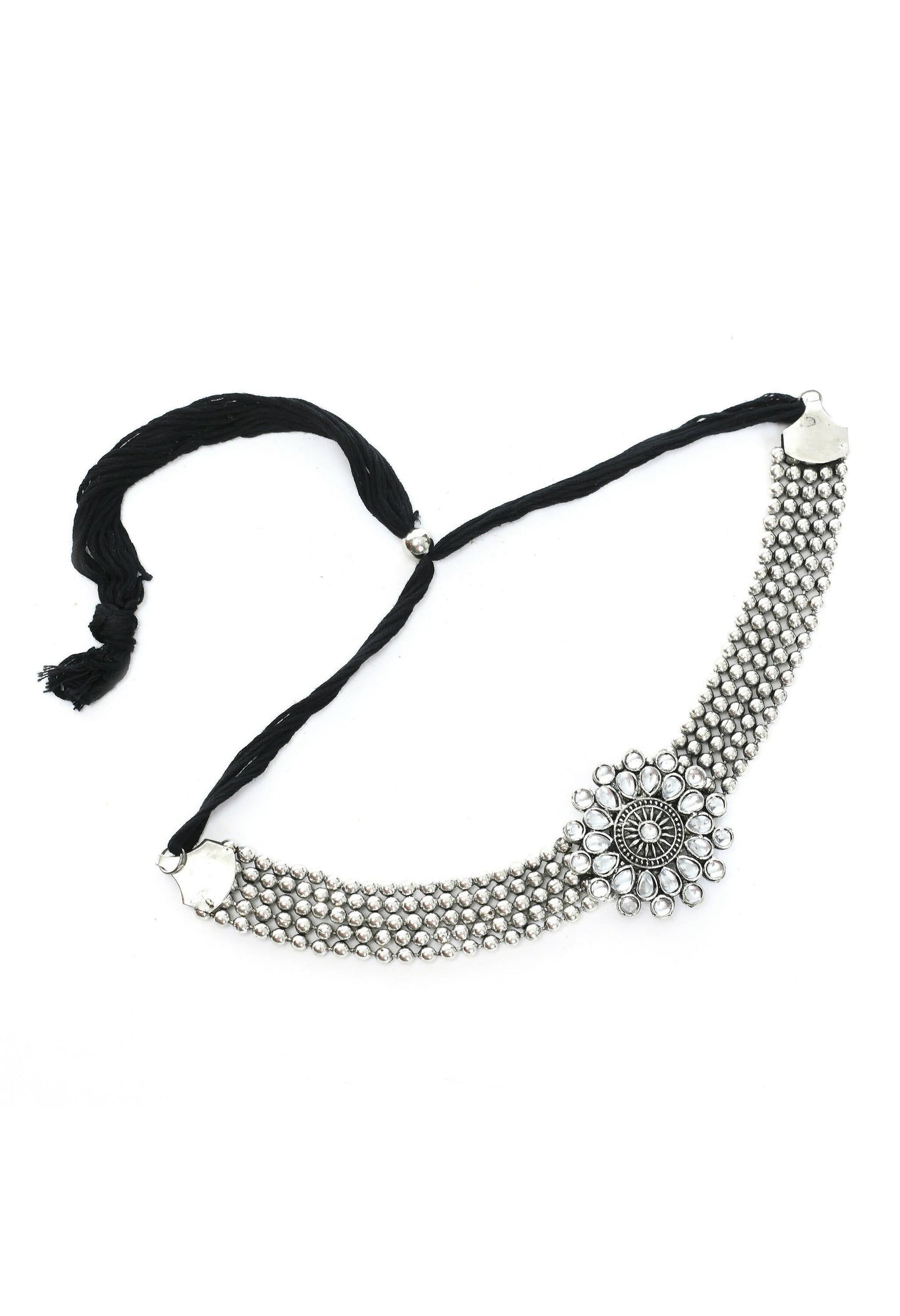 Mominos Fashion Johar Kamal Oxidised Silver-Plated Brass Finish Kundan Choker For Women (Silver)