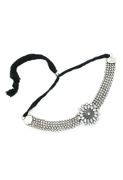 Mominos Fashion Johar Kamal Oxidised Silver-Plated Brass Finish Kundan Choker For Women (Silver)