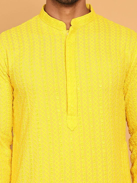 Anouk Yellow Geometric Embroidered Mandarin Collar Sequinned Straight Kurta