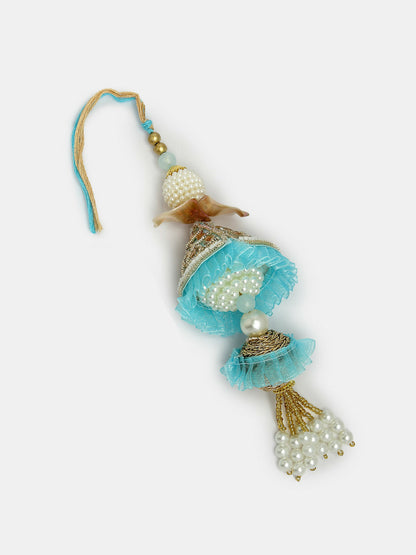 NVR Women & Men Set of 2 Blue Krishna Pearl Bhaiya Bhabhi Rakhi With Roli Chawal & Chocolate