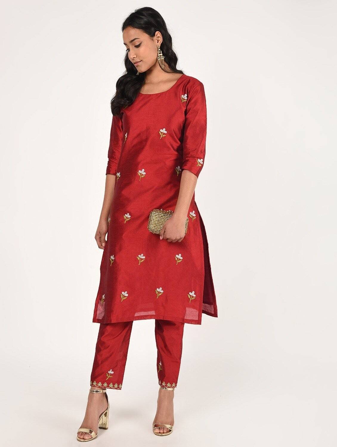 Cheera Women's Beautiful Hand Embroidered Motif All-Over Straight Silk Kurta Set (CH069K)