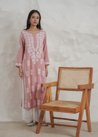 Gharana India Modal Onion Pink Coloured Chikankari Kurta