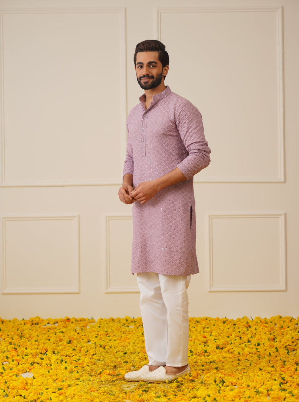 Jompers Men's Light Purple Chikankari Embroidered and Sequence Kurta Only