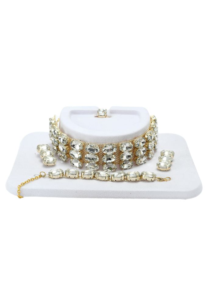 Mominos Fashion Johar Kamal Gold-Polished Finish Stone Choker For Women (White)