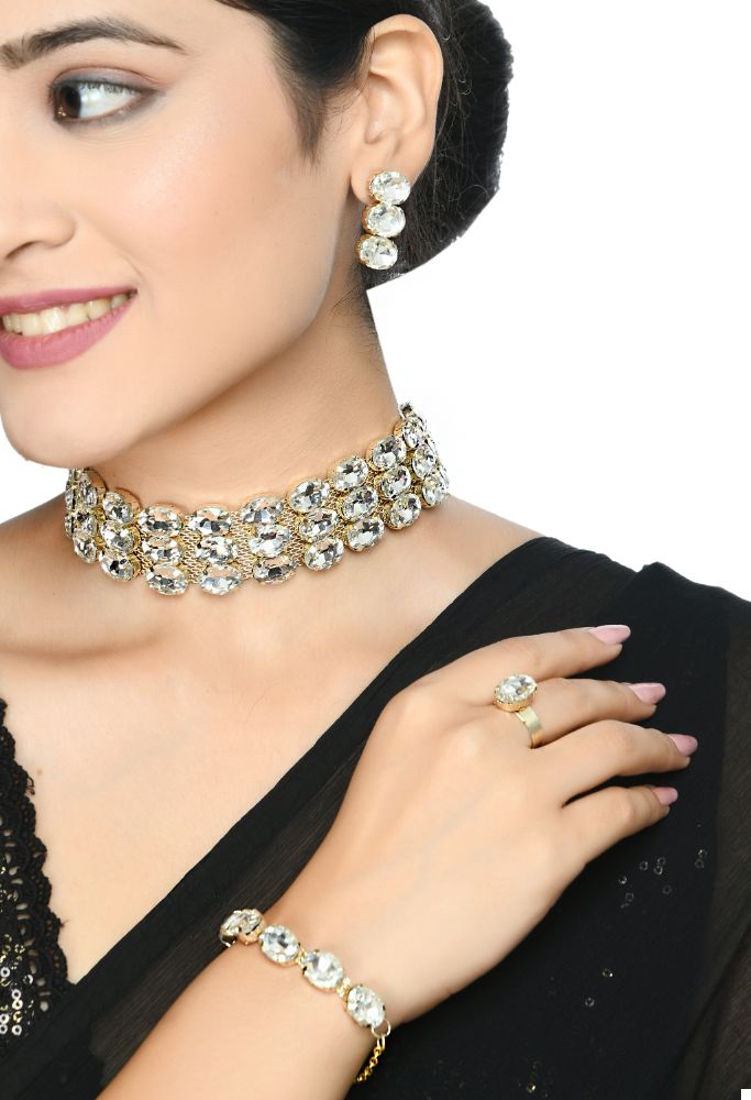 Mominos Fashion Johar Kamal Gold-Polished Finish Stone Choker For Women (White)