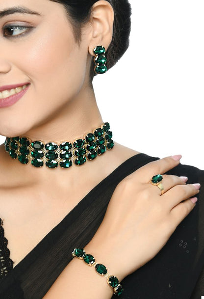 Mominos Fashion Johar Kamal Gold-Polished Finish Stone Choker For Women (Green)