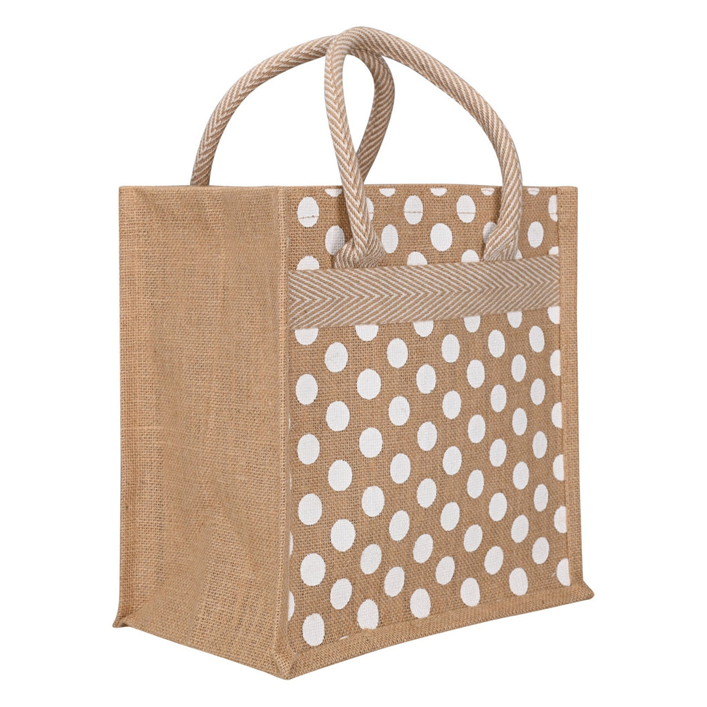 Jute Cottage Polka Dot Zipper Lunch Bag 100% Genuine Jute