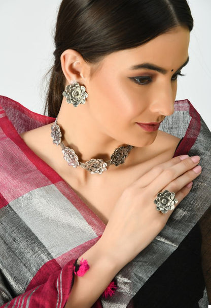 Mominos Fashion Johar Kamal Silver-Plated Brass Finish Rose Design Choker For Women (Silver)