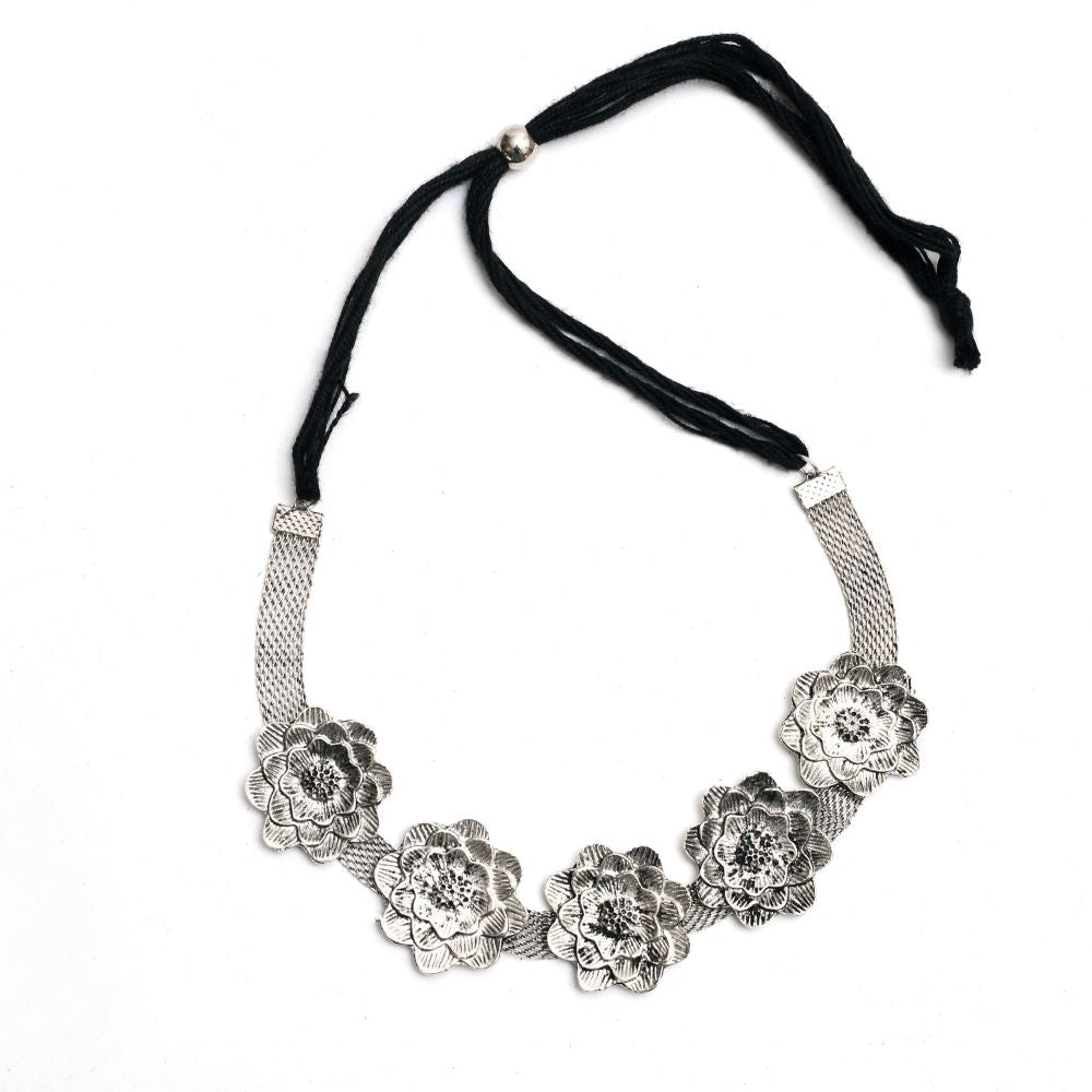Mominos Fashion Johar Kamal Silver-Plated Brass Finish Rose Design Choker For Women (Silver)