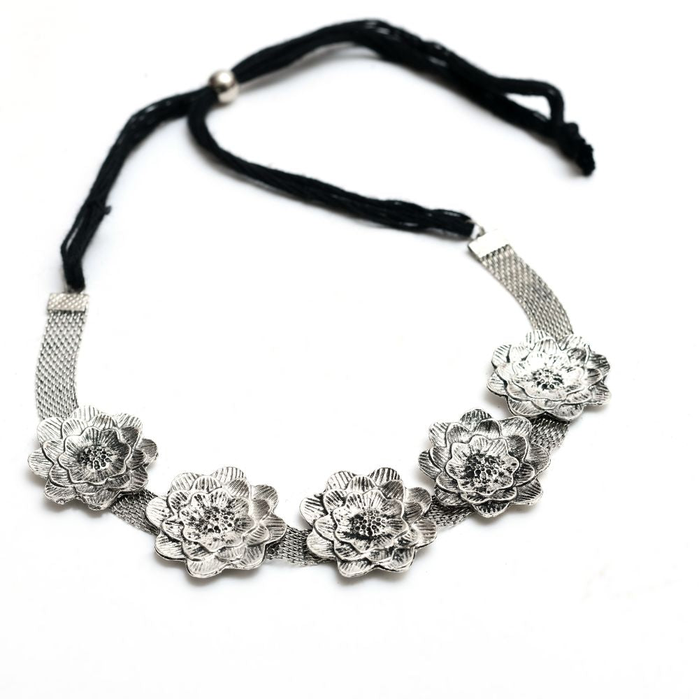 Mominos Fashion Johar Kamal Silver-Plated Brass Finish Rose Design Choker For Women (Silver)