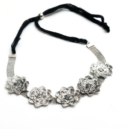 Mominos Fashion Johar Kamal Silver-Plated Brass Finish Rose Design Choker For Women (Silver)