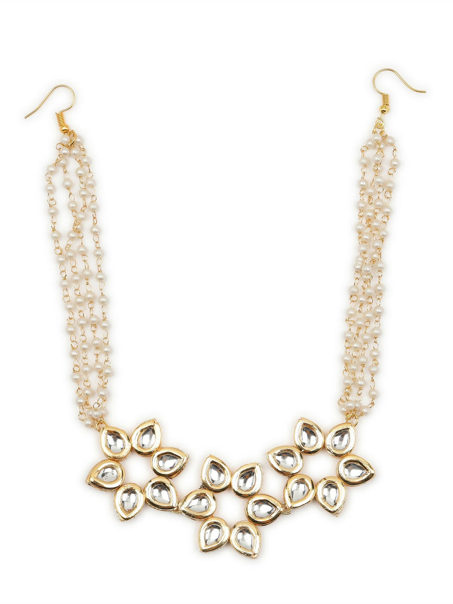 Gold-Polished White Kundan-Studded Pearl Beaded Hair Band - Ruby Raang