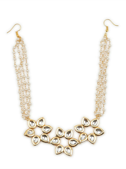 Gold-Polished White Kundan-Studded Pearl Beaded Hair Band - Ruby Raang