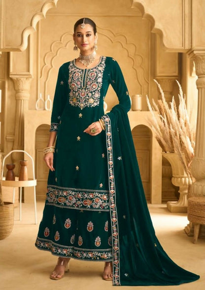 Anaita Dark Green Embroidered with Beads Velvet Stitched Plazo Suit