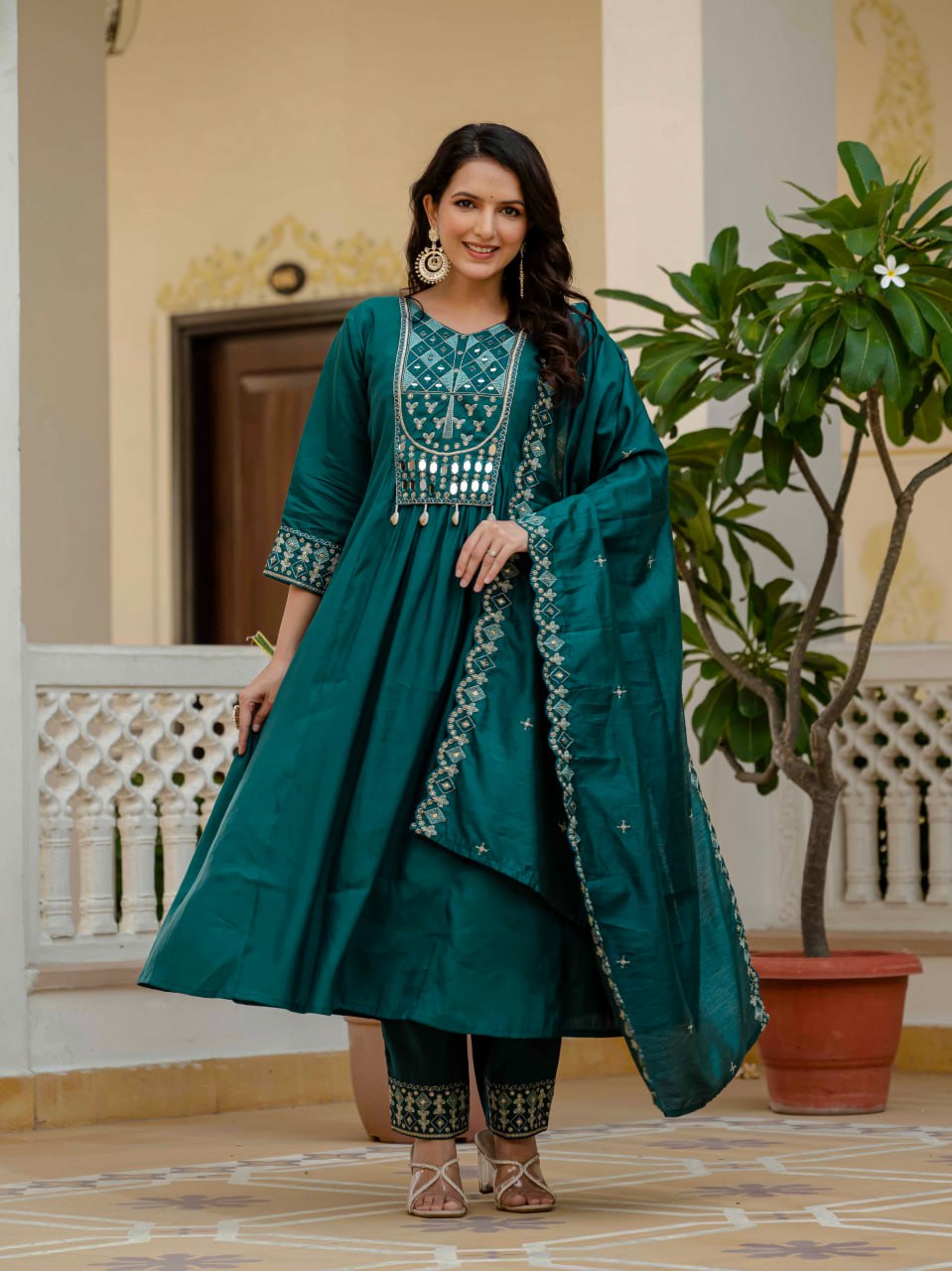 Lehenga Mart Designer Anarkali Suit Ready To Wear Kurta Pant With Dupatta For Women-Teal Green