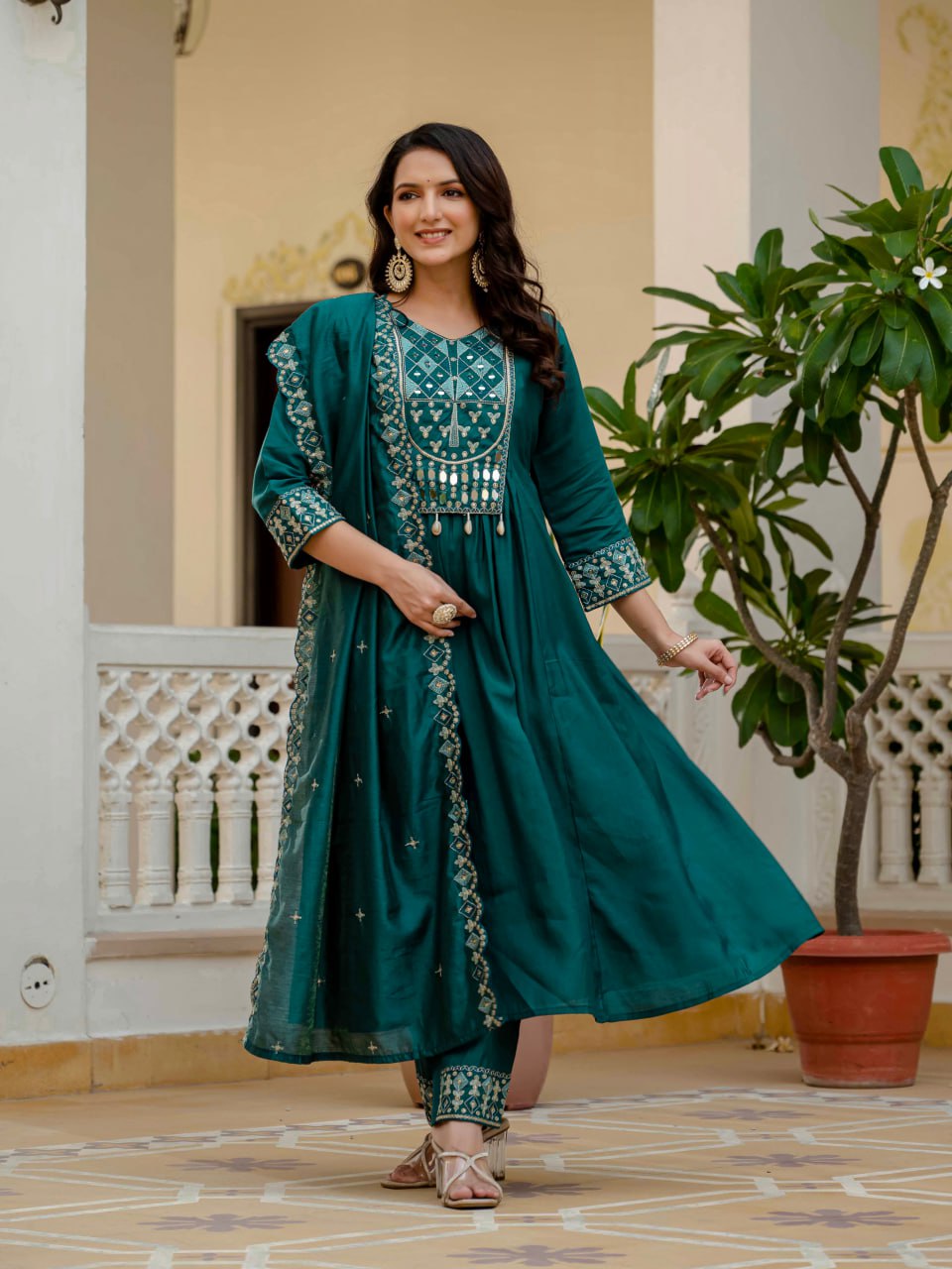 Lehenga Mart Designer Anarkali Suit Ready To Wear Kurta Pant With Dupatta For Women-Teal Green