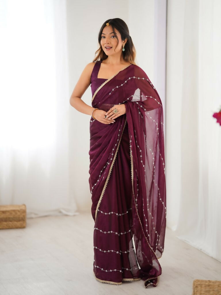 Wine Sitara Chiffon Designer Beads Moti,Val Sequence Work Saree - Noorie