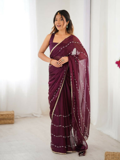 Wine Sitara Chiffon Designer Beads Moti,Val Sequence Work Saree - Noorie