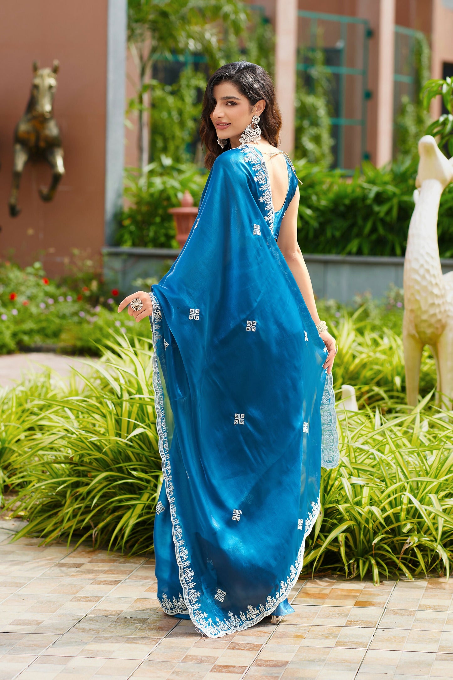 Vastranavya Firozi Embroidery Work Shimmer Chiffon Saree with Unstitched Blouse