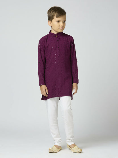 Joban Fashion Kids Island Full Sleeves Cotton Kurta, Pyjama Set with Sequin work - Wine