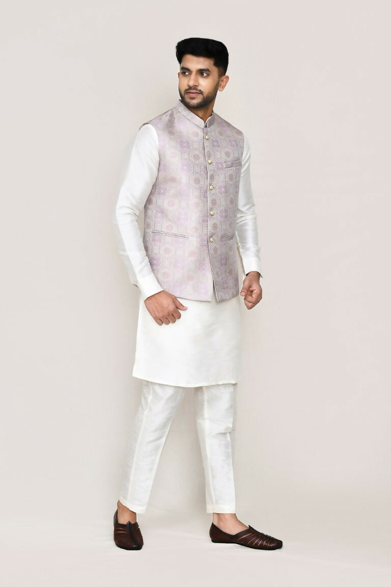 Joban Fashion White Colored Art Silk Fabric Kurta, Jacket With Straight Fit Pant