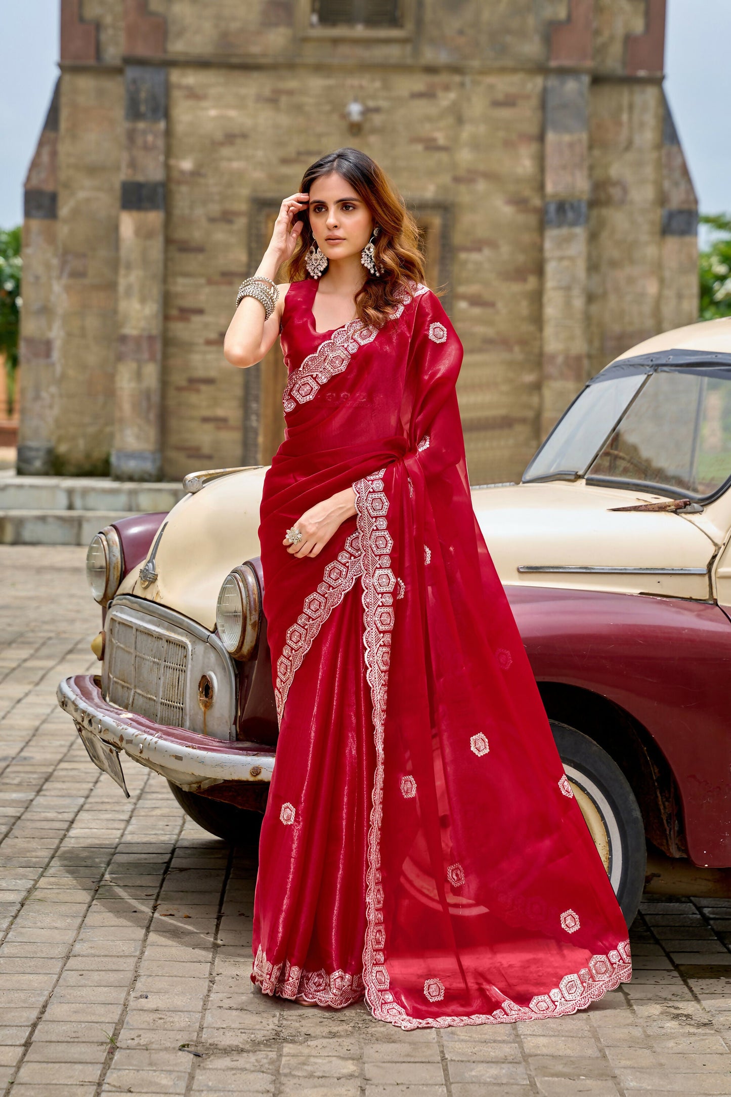 Vastranavya Red Embroidery Work Shimmer Chiffon Saree with Unstitched Blouse