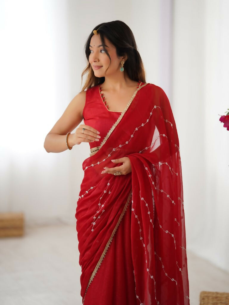 Red Sitara Chiffon Designer Beads Moti,Val Sequence Work Saree - Noorie