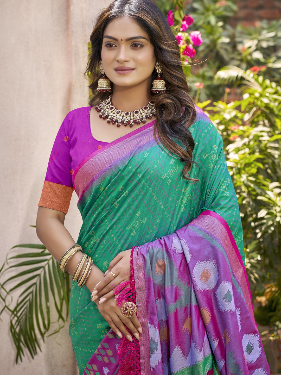 Anaita D Green Pochampally Silk Saree With Floral Printed Work With Blouse