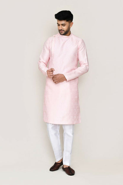 Joban Fashion Red Colored Weaving Silk Fabric Kurta With Straight Fit Pant