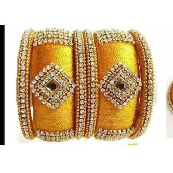 Yellow Color Silk Threaded with Diamond shape White Stone Bangles