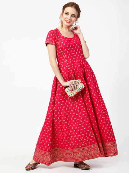 Cheera Women's Deep Pink Cotton & Silk Hand Block Print Long Dress With Silk Dupatta Set