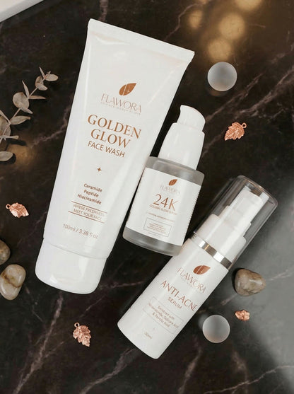 Flawora Set of Golden Glow Face Wash, Anti Acne Serum and 24k Golden Glow Face Serum