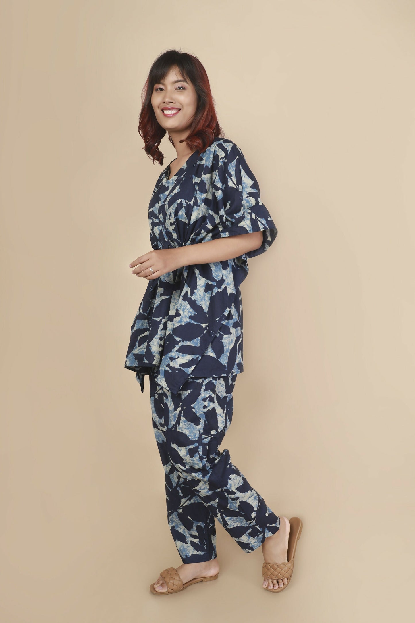 Breathables Women’S Loungewear Kaftan Cotton Blue Floral Print Co-Ord Set