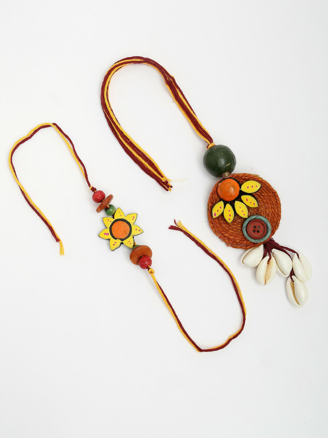 NVR Women & Men Set of 2 Multicolor Sea Shell Handcrafted Bhaiya Bhabhi Rakhi With Roli Chawal & Chocolate