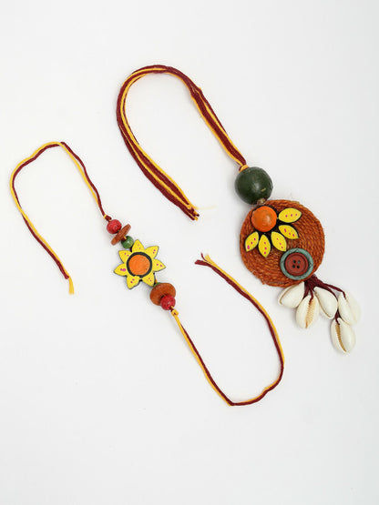 NVR Women & Men Set of 2 Multicolor Sea Shell Handcrafted Bhaiya Bhabhi Rakhi With Roli Chawal & Chocolate