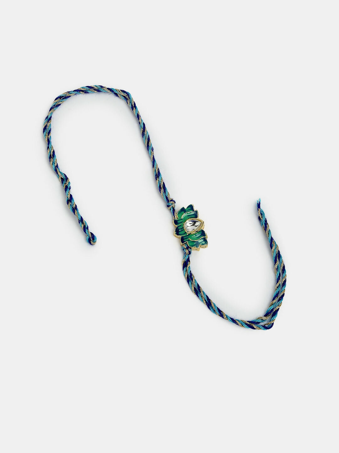 NVR Women & Men Set of 2 Turquoise Blue Lotus Shape Kundan-Studded & Beaded Handcrafted Wraparound Rakhi Set With Roli Chawal