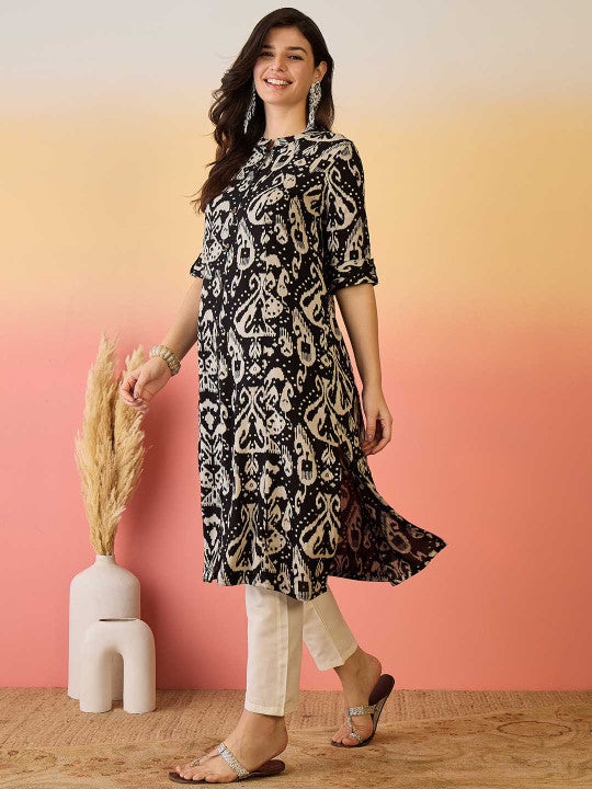 Sangria Black Ikat Printed High Slit Mandarin Collar Roll-Up Sleeves A-line Kurta