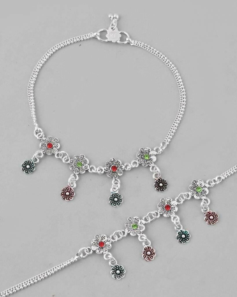 VOJ Set of 2 Silver Plated Meenakari Multi Color Anklet