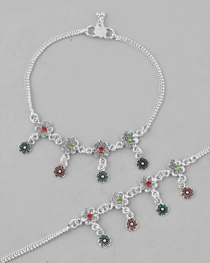 VOJ Set of 2 Silver Plated Meenakari Multi Color Anklet