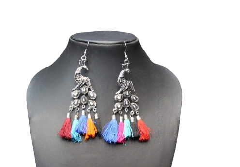 MS Fashion India Designer Peacock Oxidized Silver Multi Color Thread Dangle Earrings