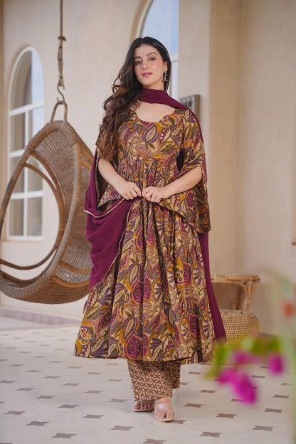 Aayaa Multi Cotton Silk Designer Full Flaired Printed Kurta Set with Dupatta