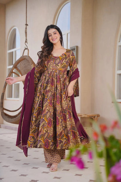 Aayaa Multi Cotton Silk Designer Full Flaired Printed Kurta Set with Dupatta